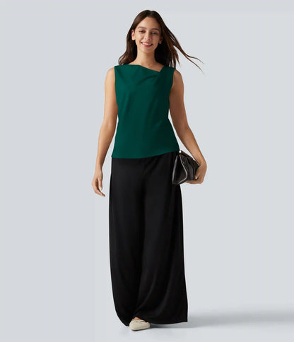 Asymmetric Cowl Neck Sleeveless Ruched Split Hem Work Top
