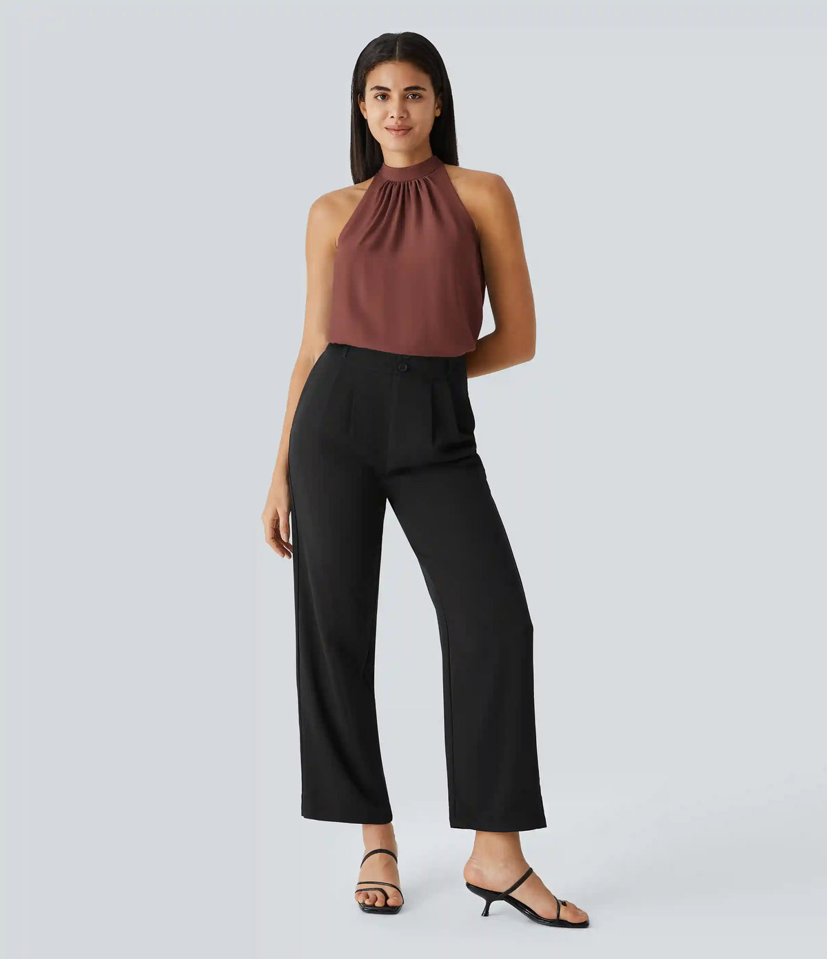 Keyhole Back Halter Sleeveless Curved Hem Work Blouse