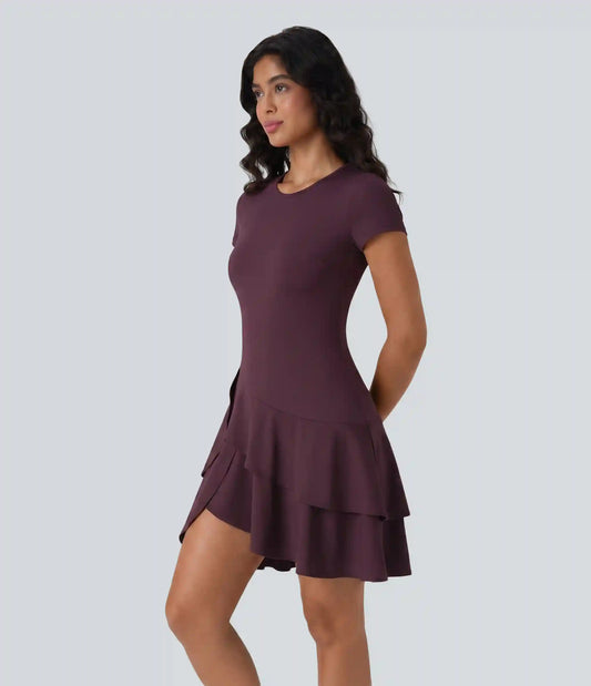 SoftlyZero™ Airy Round Neck Short Sleeve Layered Ruffle Hem InstantCool Mini Casual Dress