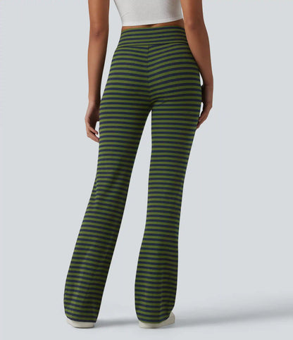 High Waisted Drawstring Tummy Control Stripe Waffle Flare Casual Pants with Pockets