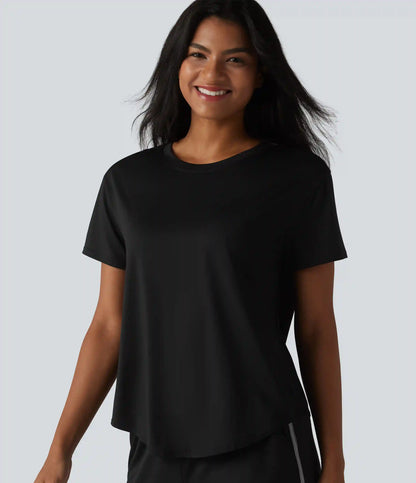 Round Neck Short Sleeve Built-in Bra Curved Hem Casual T-Shirt