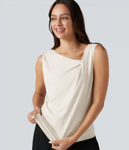 Asymmetric Cowl Neck Sleeveless Ruched Split Hem Work Top