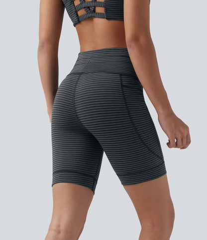 High Waisted Drawstring Striped Yoga Biker Shorts 7'' with Pockets