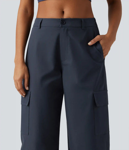 Water Repellent Wear-Resistant Mid Rise Barrel Leg Hiking Cargo Pants with Pockets