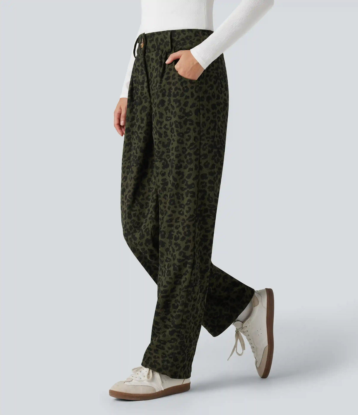Mid Rise Leopard Print Corduroy Casual Straight-leg Pants with Pockets