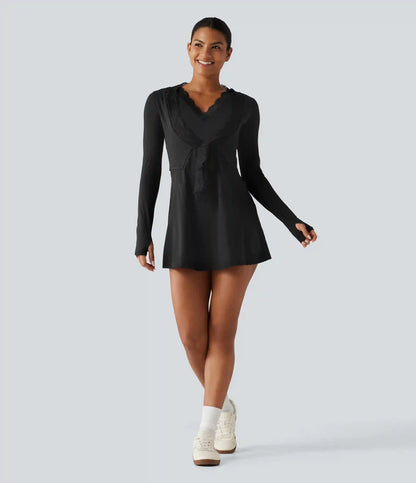 SoftlyZero™ Plush V Neck Built-in Bra Contrast Lace 2-in-1 Mini Yoga Active Dress with Pockets-Easy Peezy Edition
