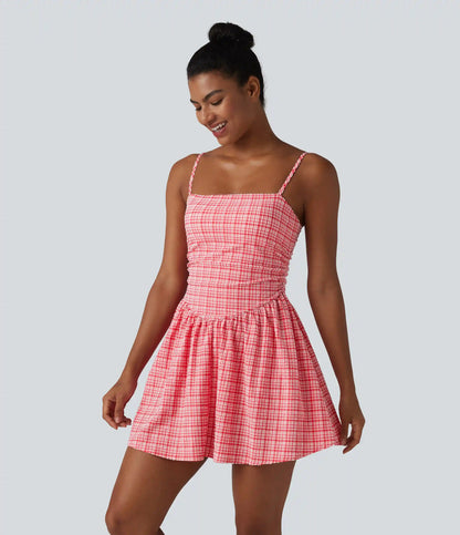 Adjustable Straps 2-in-1 Built-in Bra A-line Mini Plaid Crinkle Quick Dry Tennis Active Slip Dress with Pockets-Easy Peezy