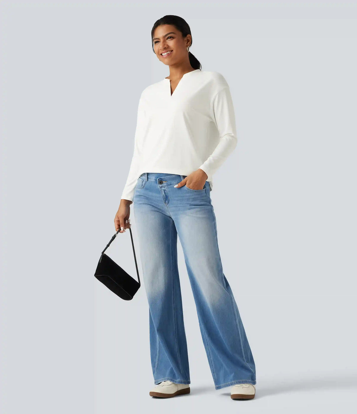 Notched Collar Dropped Shoulder Long Sleeve Casual T-Shirt