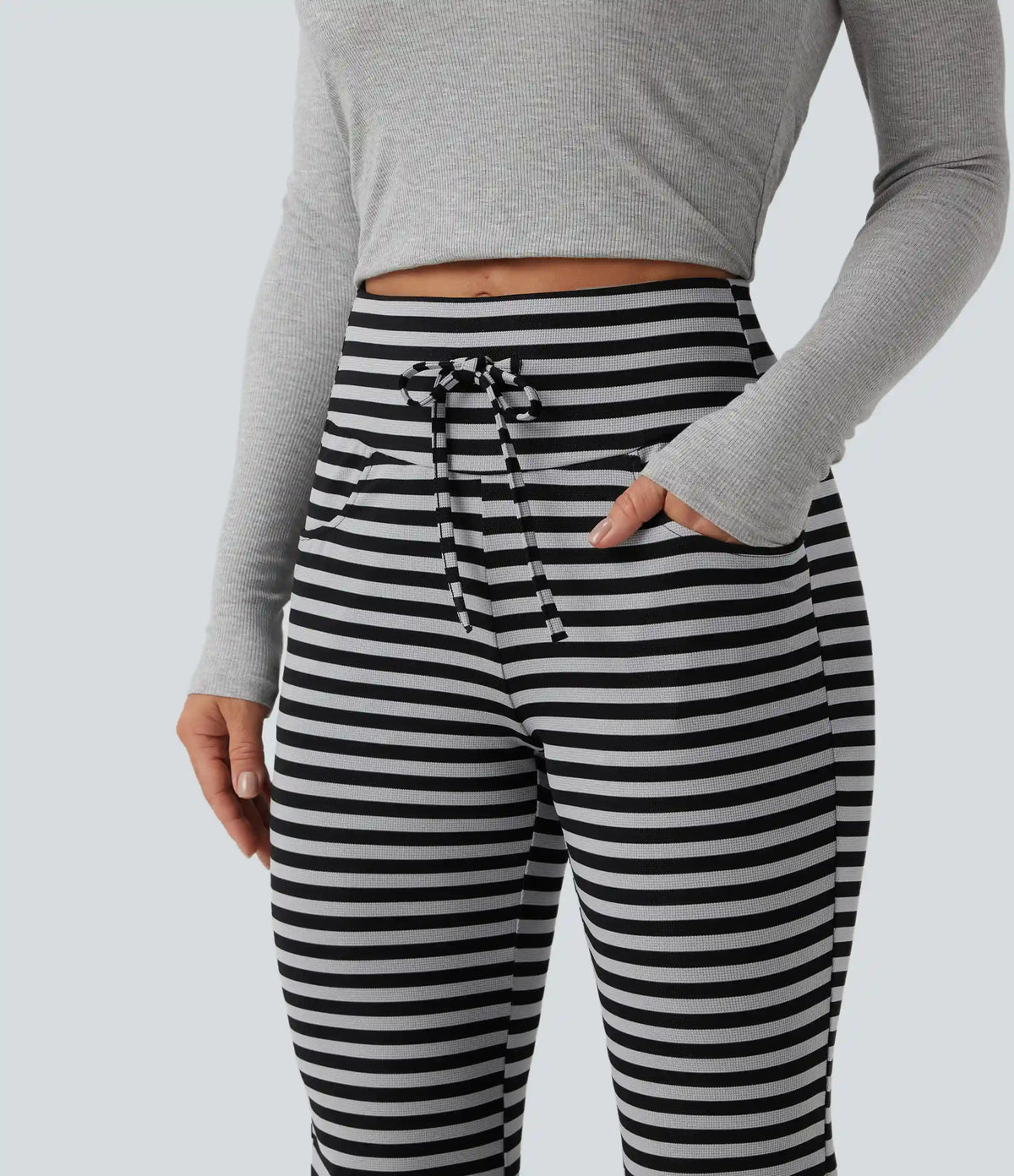 High Waisted Drawstring Tummy Control Stripe Waffle Flare Casual Pants with Pockets
