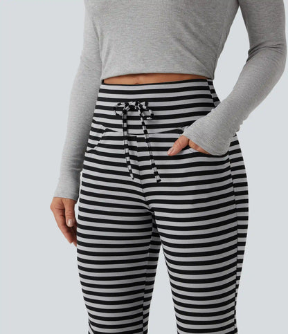 High Waisted Drawstring Tummy Control Stripe Waffle Flare Casual Pants with Pockets