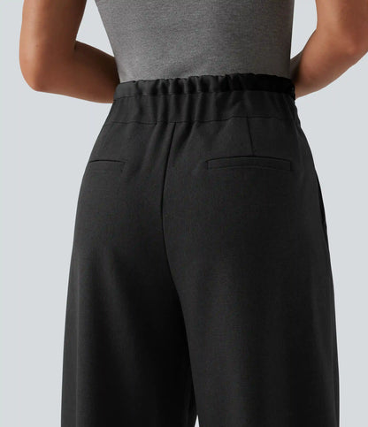 High Waisted Drawstring Wide Leg Work Pants with Pockets