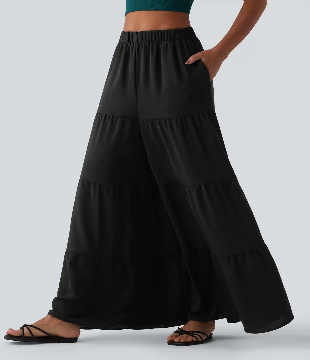 High Waisted Wide Leg Flowy Linen-Feel Pants with Pockets
