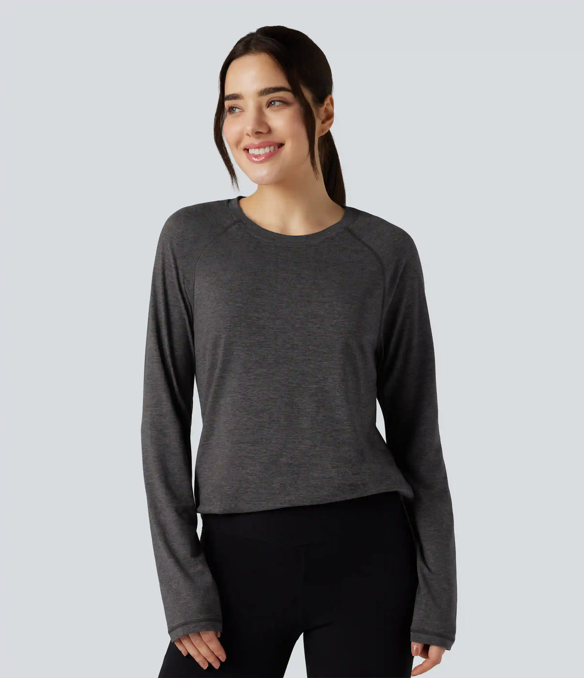 Skin Friendly Round Neck Raglan Long Sleeve Split Hem Casual T-Shirt