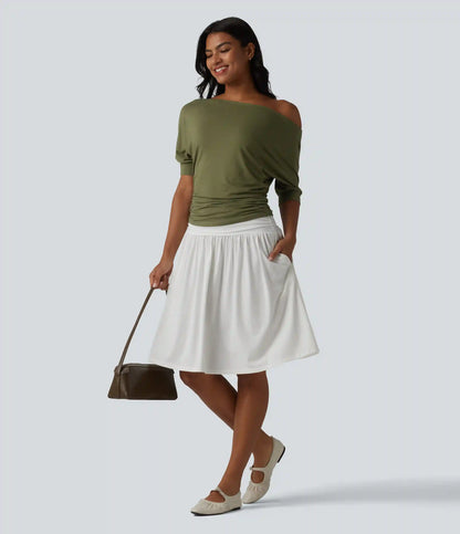 Off-shoulder Short Sleeve Ruched Casual Top