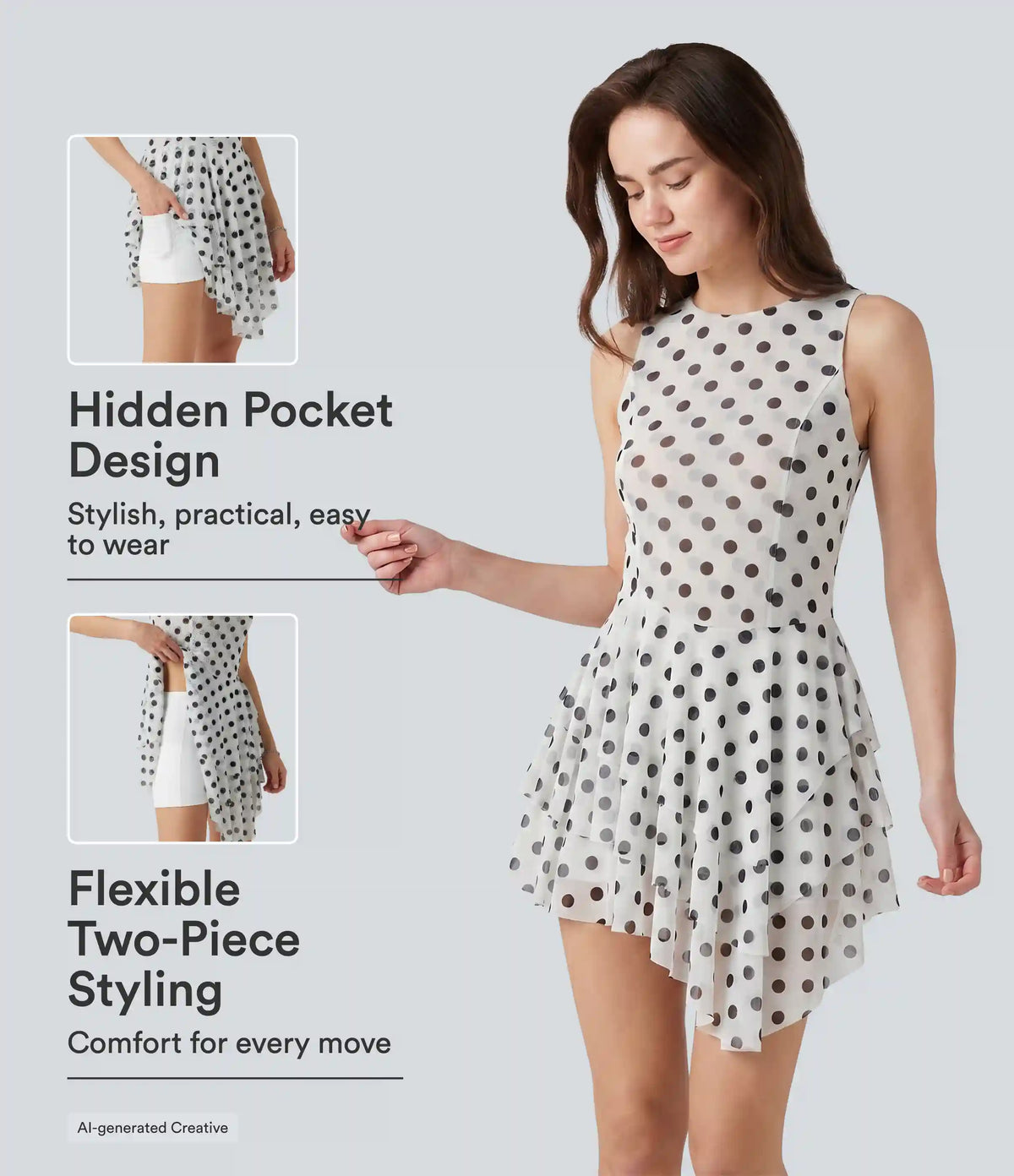 Round Neck Sleeveless Asymmetric Layered 2-Piece Polka Dot Mini Dress with Pocket