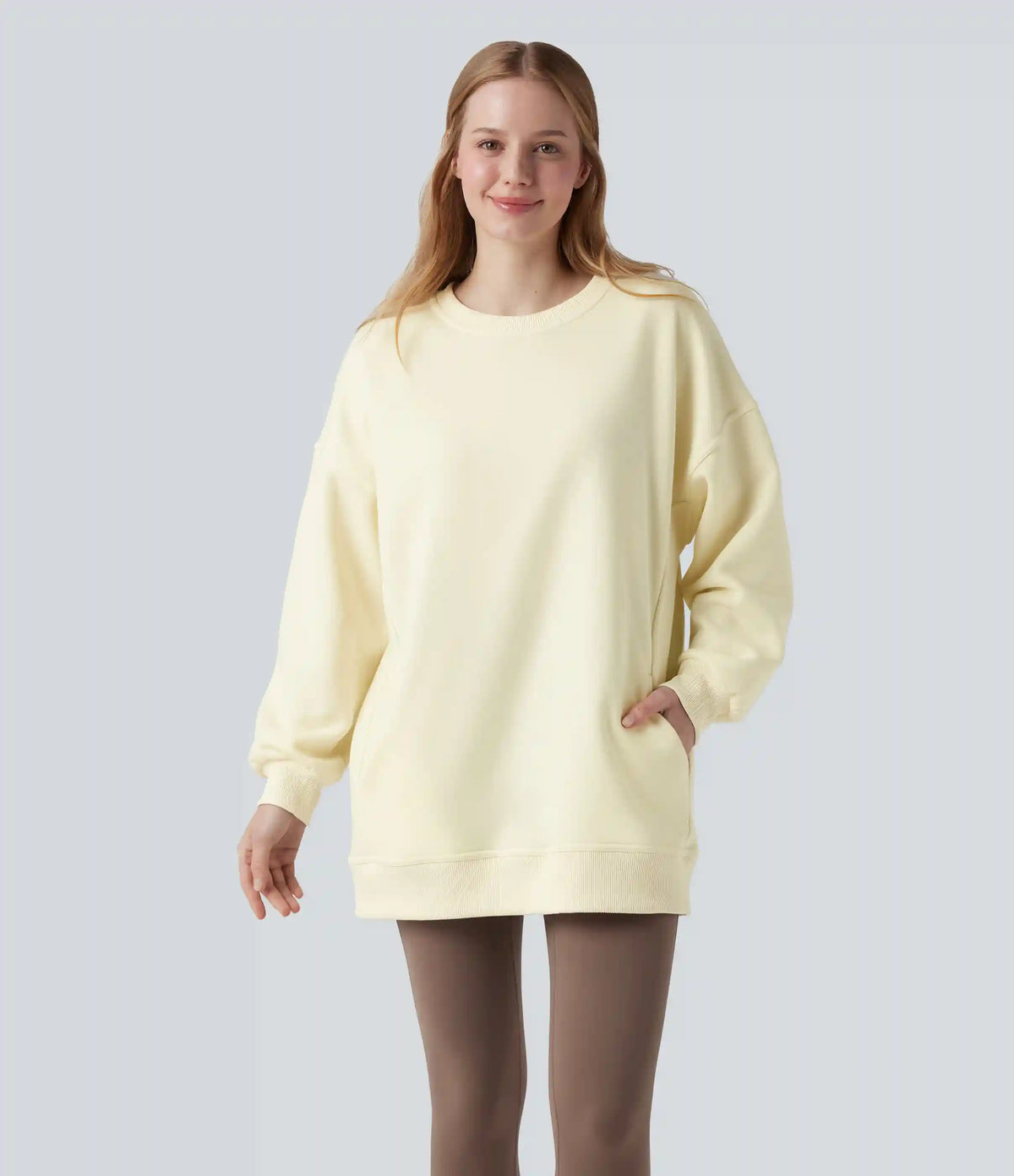 Round Neck Long Sleeve Pocket Oversize Fleece Casual Sweatshirt
