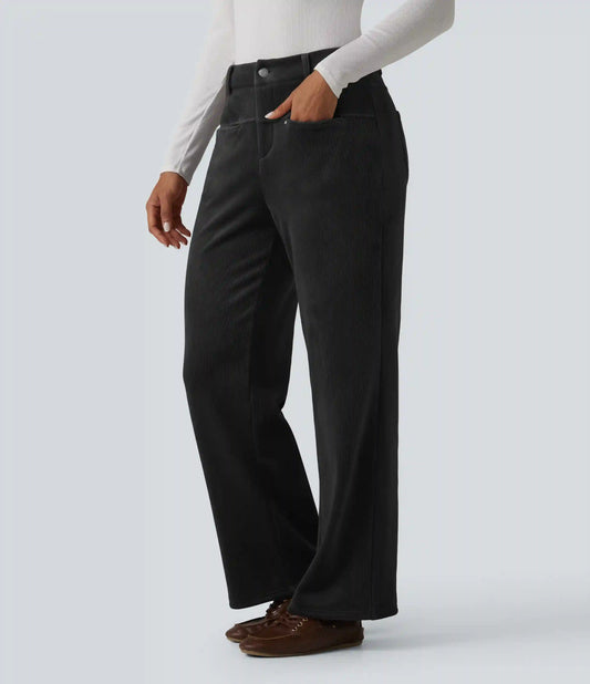 Mid Rise Fleece Corduroy Casual Straight Leg Pants with Pockets