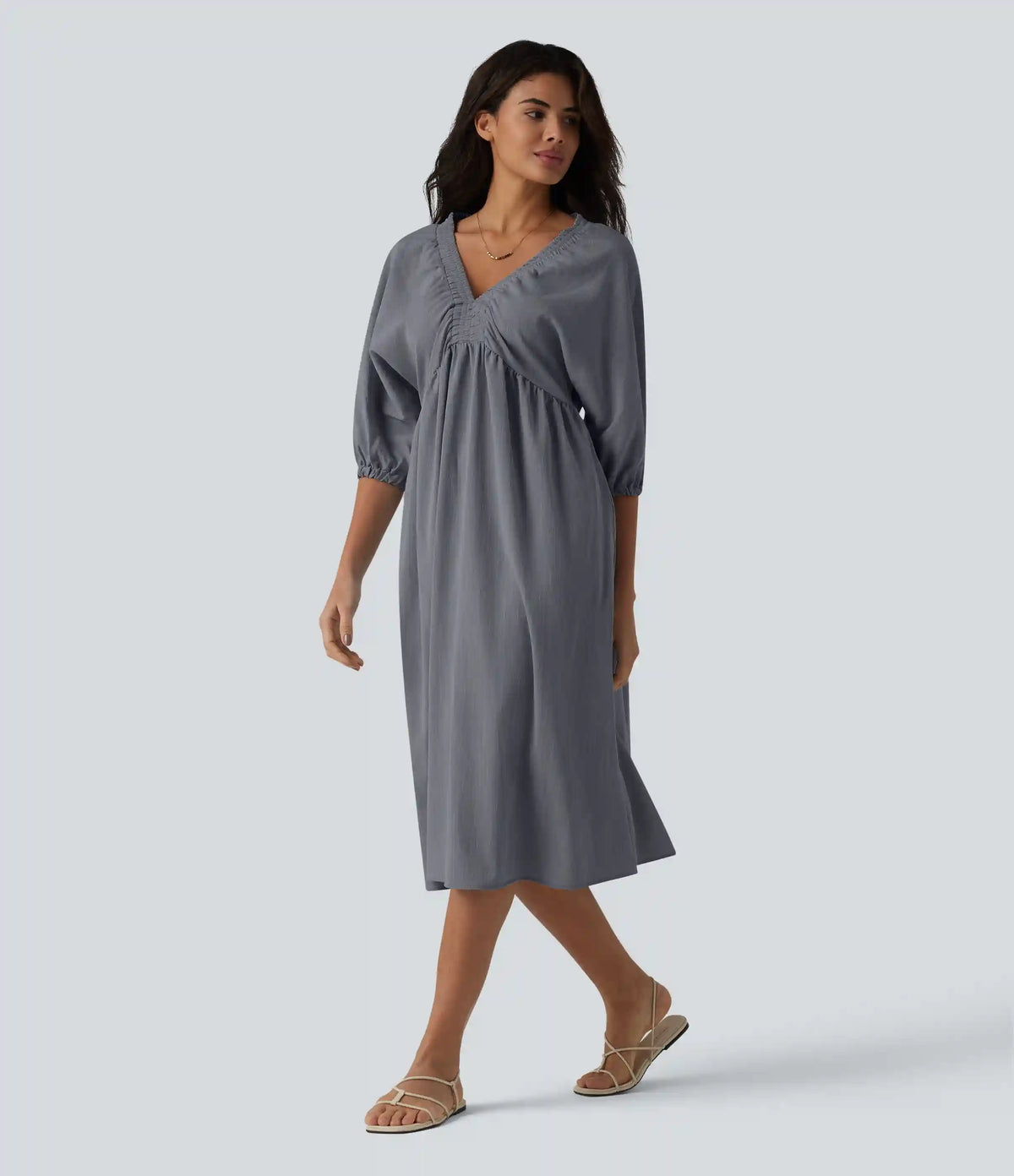 V Neck 3/4 Sleeve Midi Casual Linen-Feel Dress with Pockets