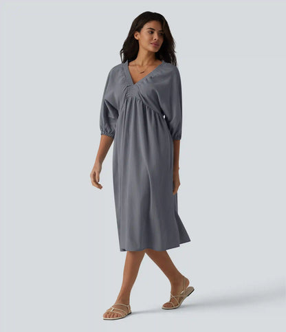 V Neck 3/4 Sleeve Midi Casual Linen-Feel Dress with Pockets