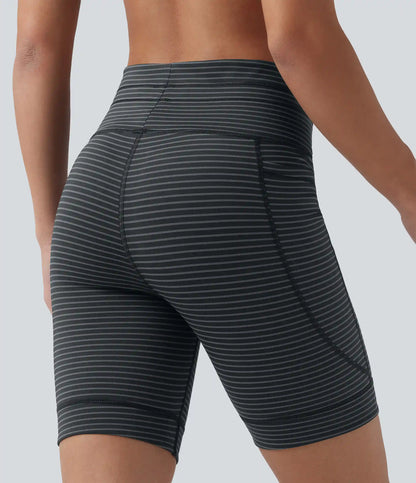 High Waisted Drawstring Striped Yoga Biker Shorts 7'' with Pockets