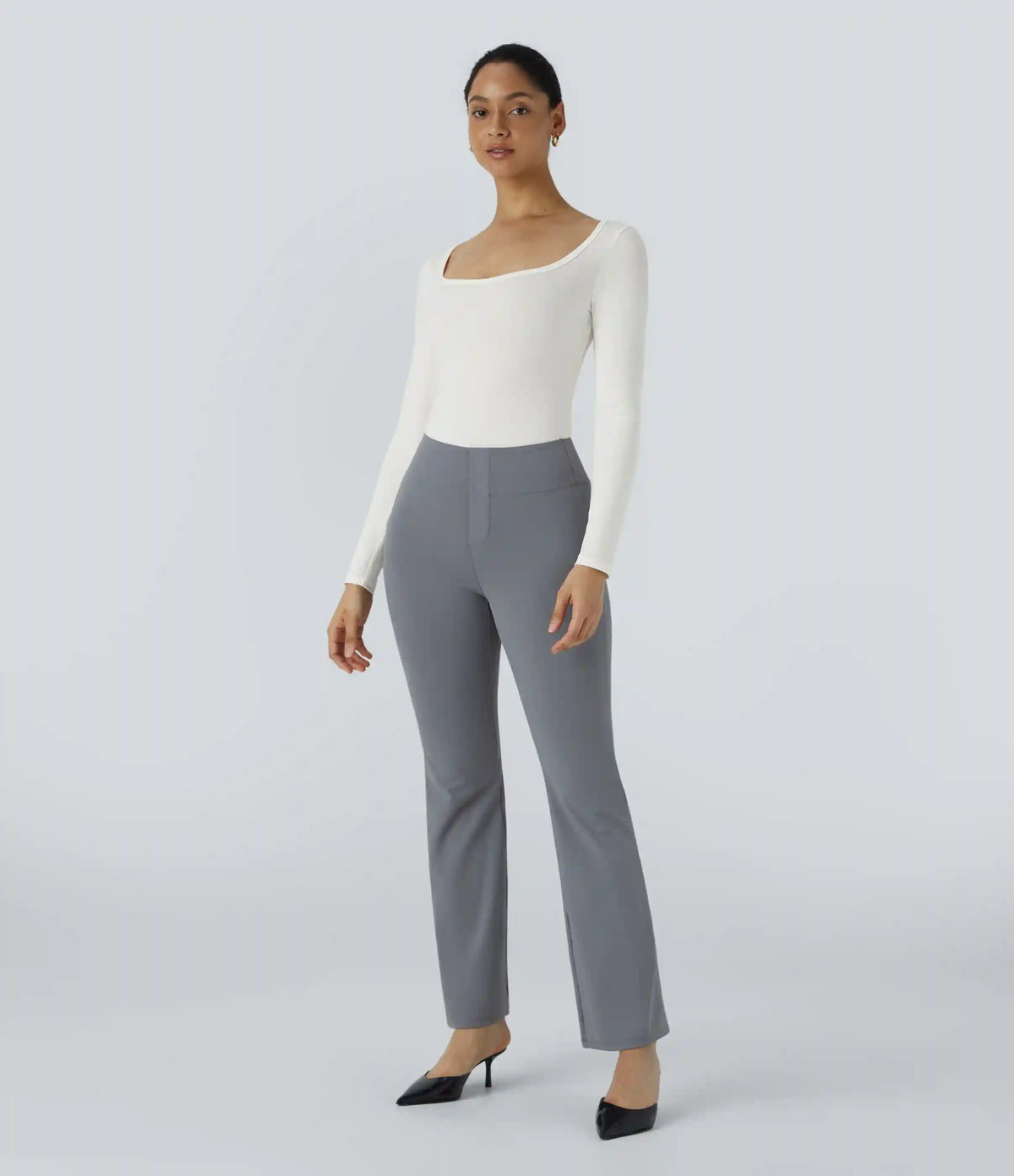 U Neck Long Sleeve Snap Skinny Work Bodysuit