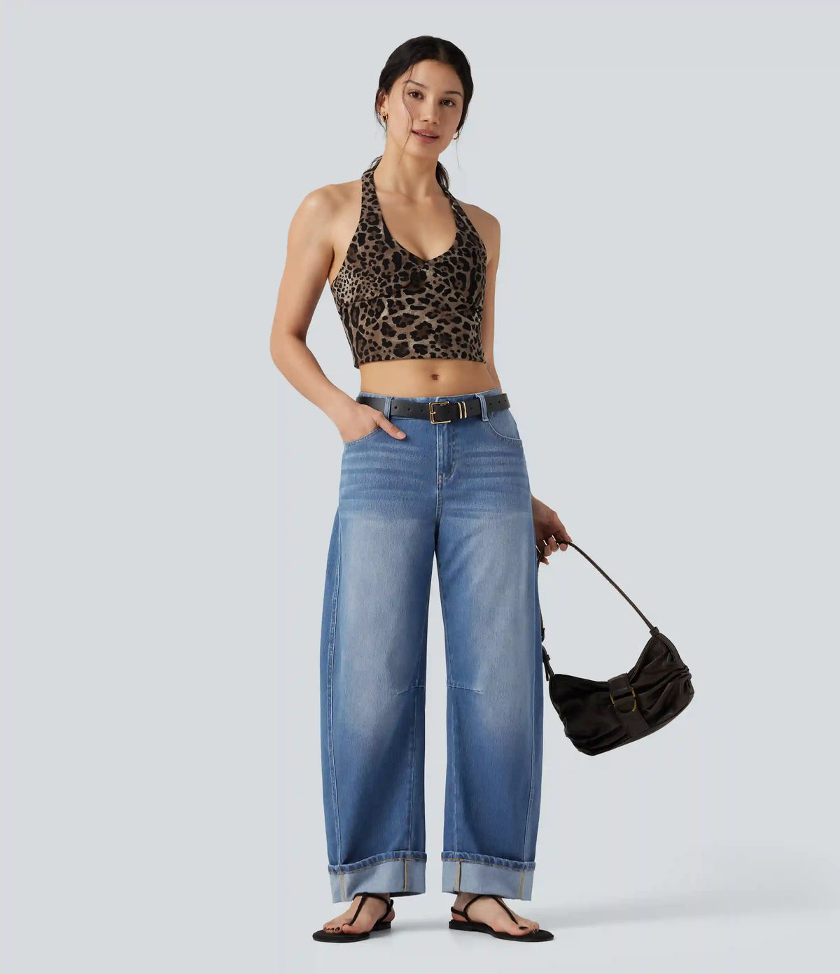 Halara Flex™ Low Rise Rolled Hem Casual Barrel Leg Jeans with Pockets