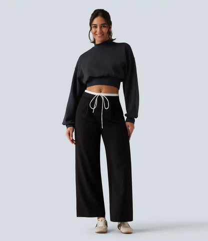 Mock Neck Dropped Long Sleeve Casual Cropped Sweatshirt