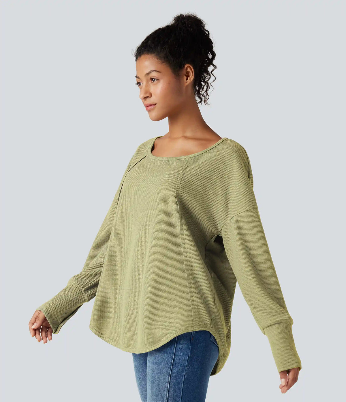 Scoop Neck Long Sleeve Curved Hem Relaxed Waffle Casual Top