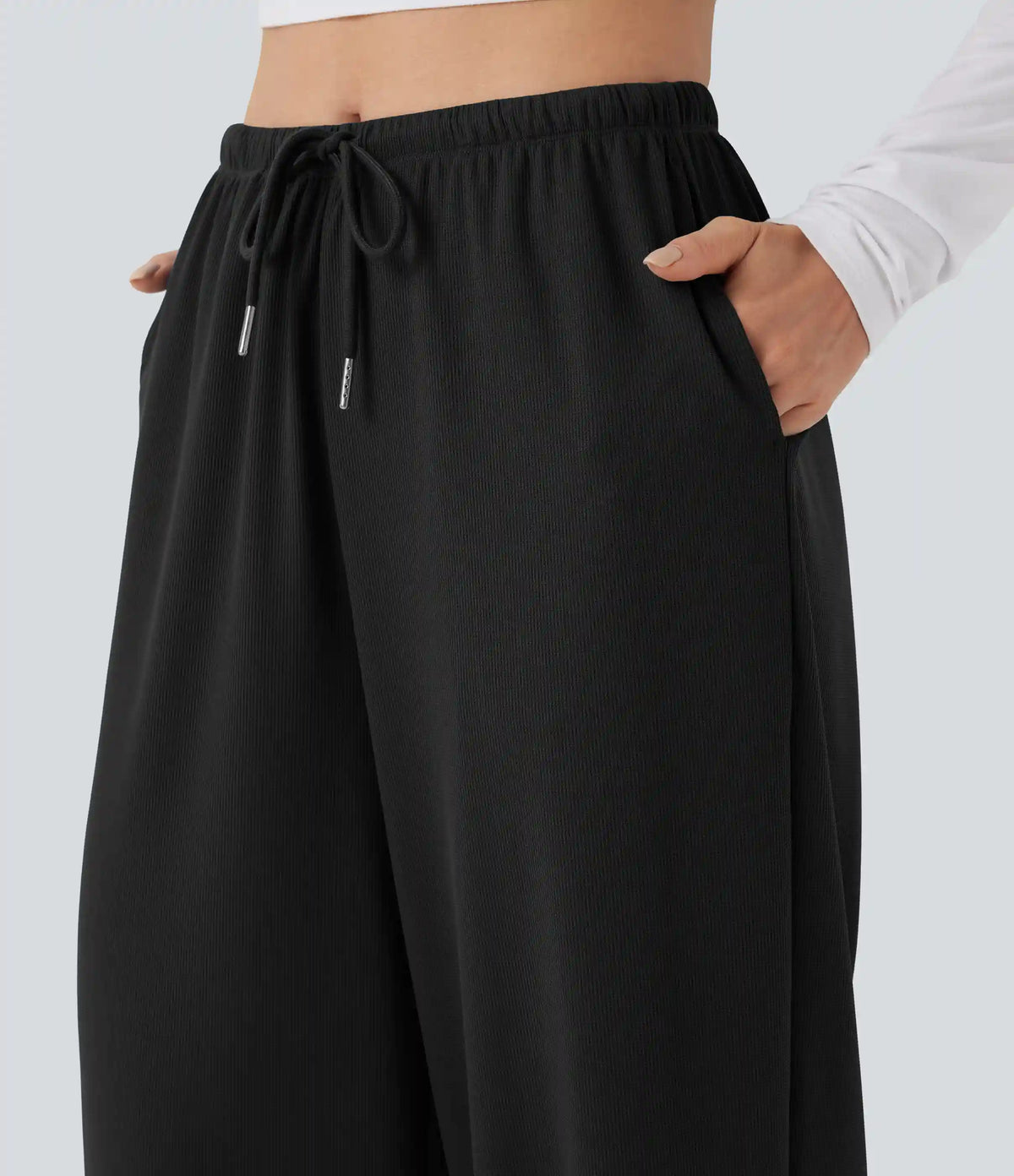 Mid Rise Drawstring Straight Leg Waffle Knit Yoga Pants with Pockets