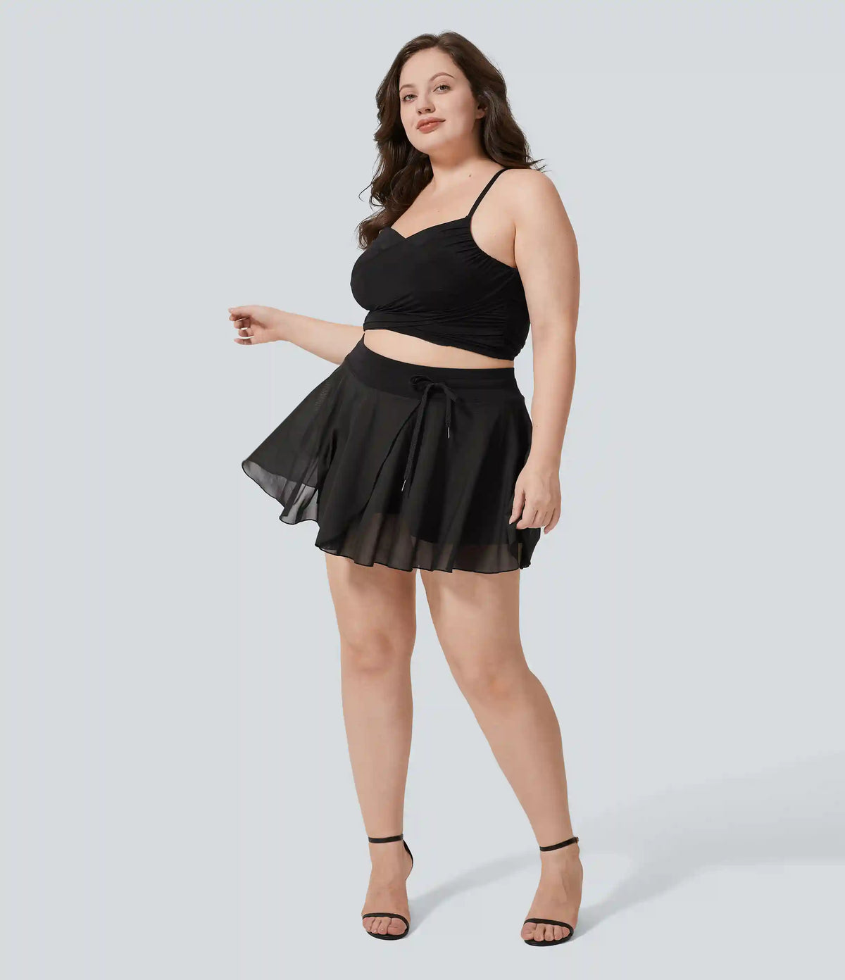 High Waisted Drawstring Contrast Mesh 2-in-1 Pocket Flowy Mini Flare Casual Plus Size Skirt