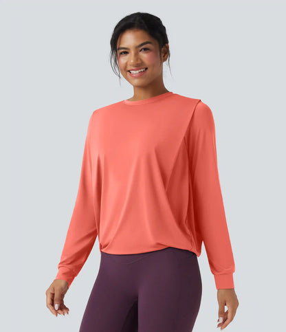 Round Neck Long Sleeve Ruched Yoga Sports Top-UPF50+