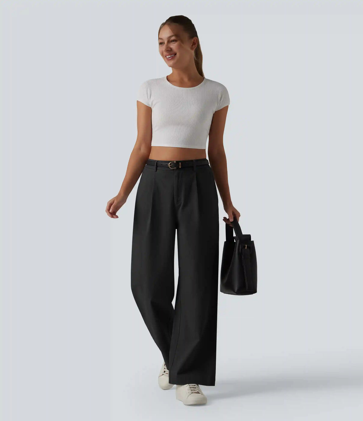 High Waisted Straight Leg Work Chino Cotton Pants with Pockets