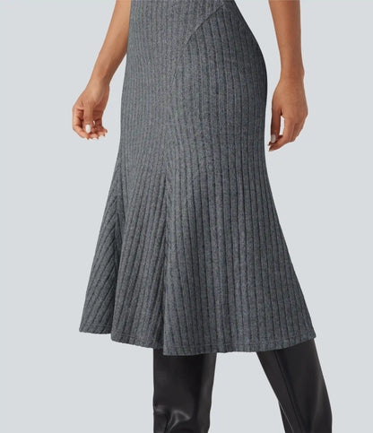 Ribbed Knit High-waisted Midi Casual A-line Skirt