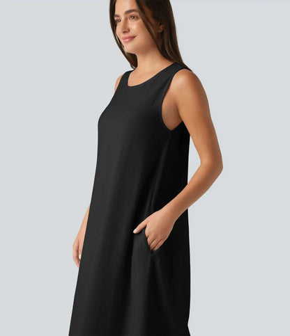 Round Neck Sleeveless Midi Plain Casual Tank Dress with Pockets