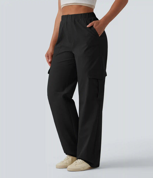 Mid Rise Straight Leg Stretchy Poplin Casual Pants with Pockets
