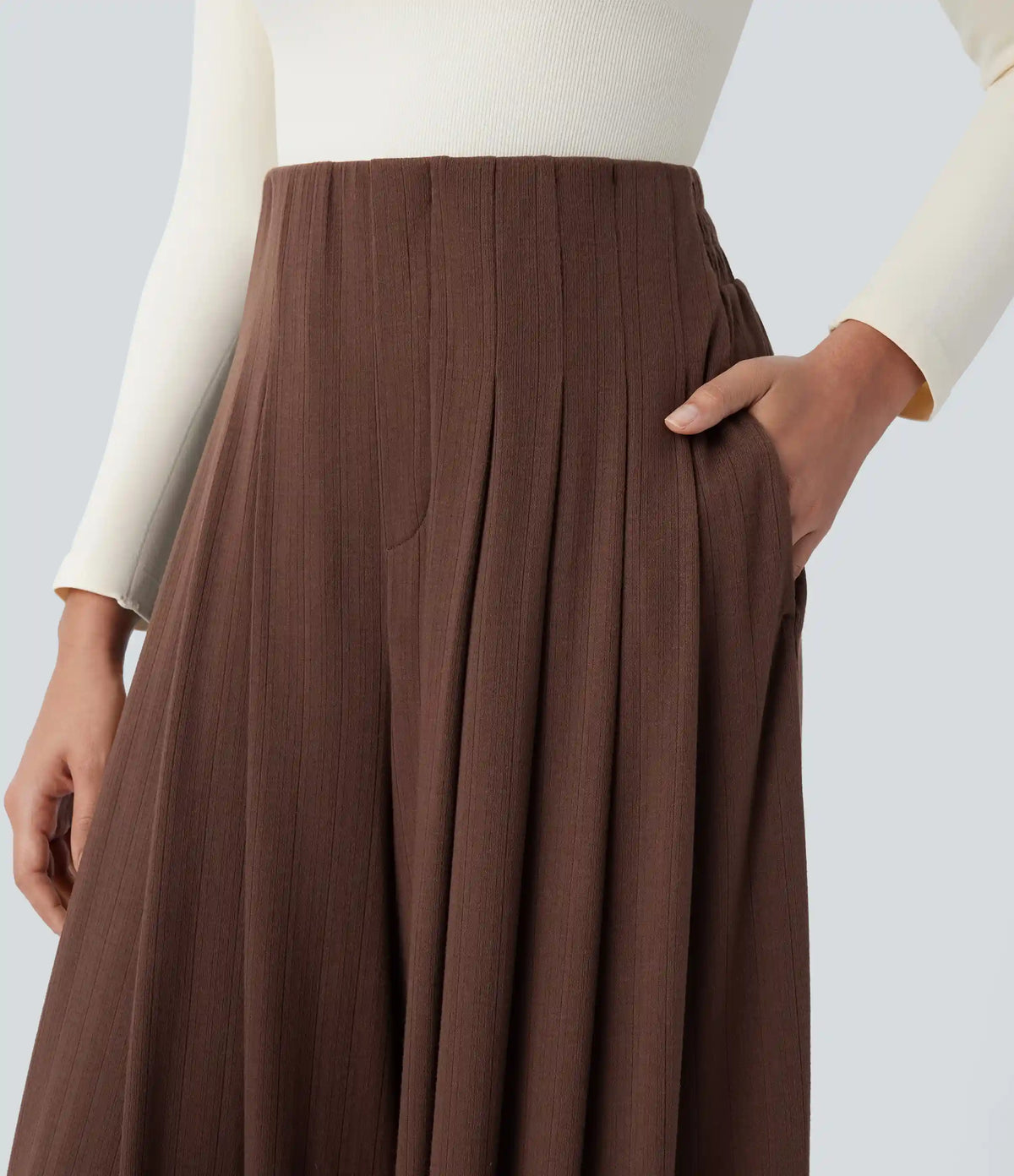 Ribbed Knit High Waisted Pleated Pocket Flowy Wide Leg Casual Pants