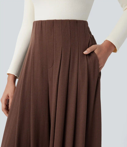 Ribbed Knit High Waisted Pleated Pocket Flowy Wide Leg Casual Pants