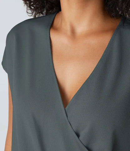 V Neck Short Sleeve Pocket Waffle Casual Romper