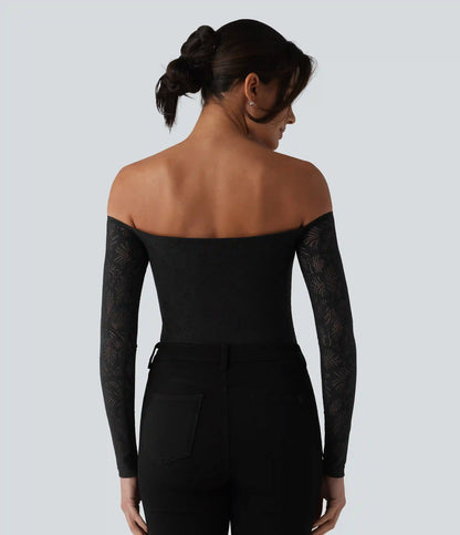 Off Shoulder Built-in Bra Long Sleeve Lace Casual Top