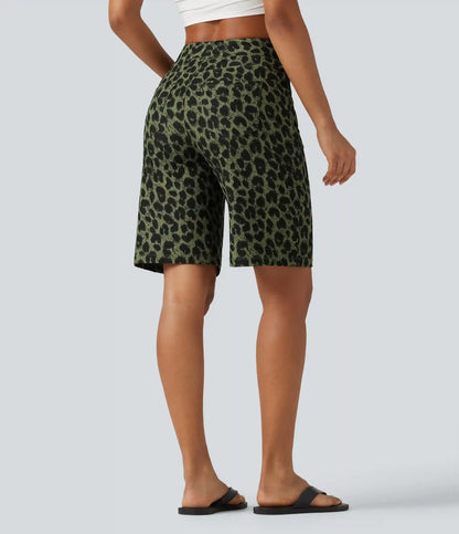 High Waisted Leopard Waffle Casual Baggy Bermuda Shorts 10'' with Pockets