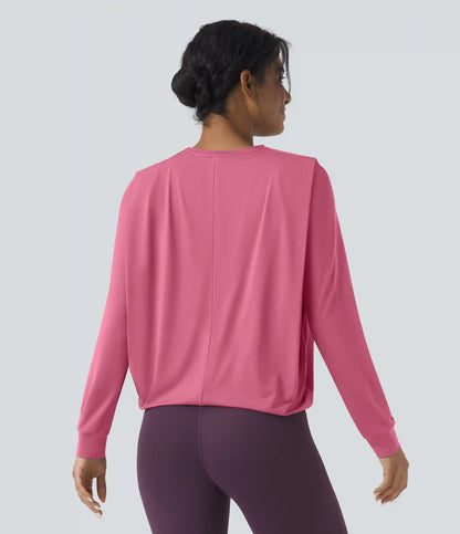 Round Neck Long Sleeve Ruched Yoga Sports Top-UPF50+