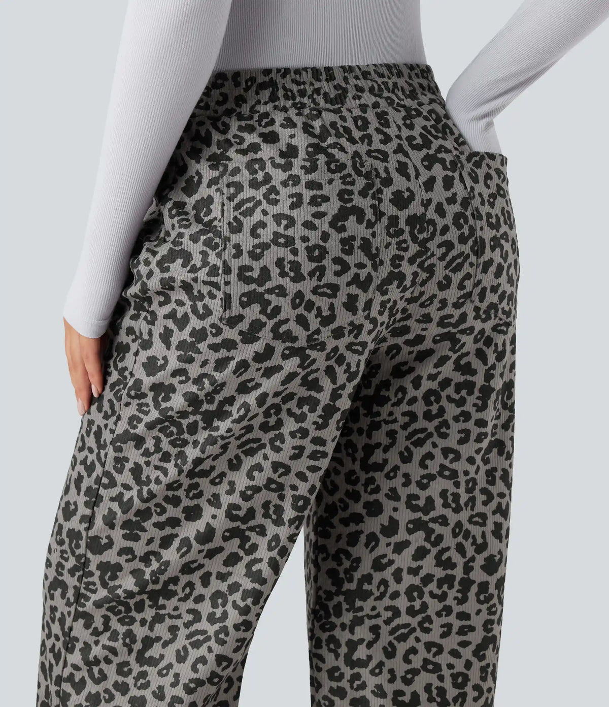 High Waisted Leopard Print Corduroy Casual Baggy Pants with Pockets