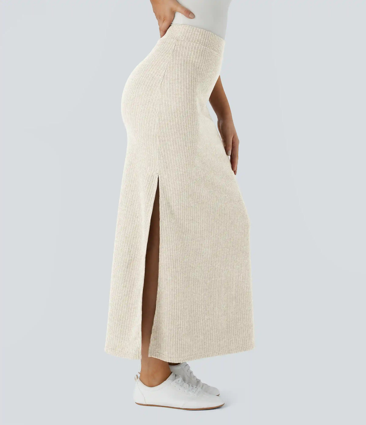 Ribbed High Waisted Hem A Line Maxi Casual Skirt