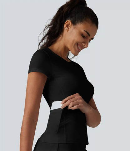 Round Neck Short Sleeve InstantCool Running Sports Top with Pockets-UPF50+