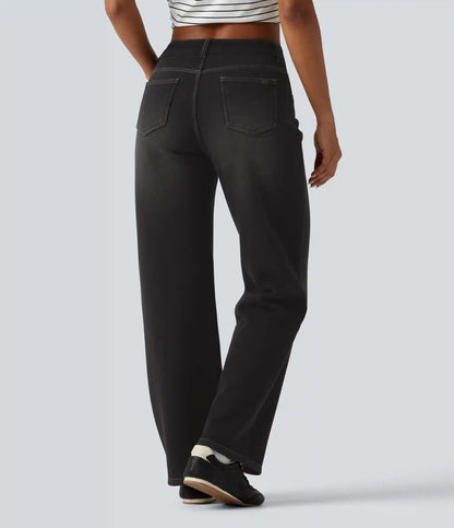 Mid Rise Asymmetric Straight Leg Fleece Casual Jeans with Pockets