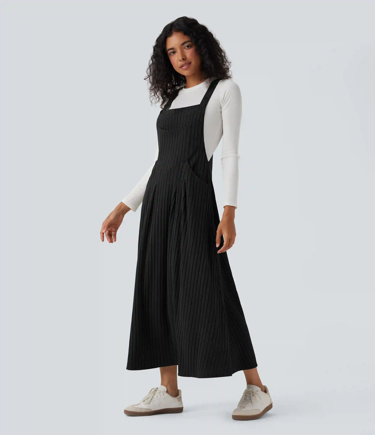 Ribbed Knit Casual Pinafore Dress with Pockets