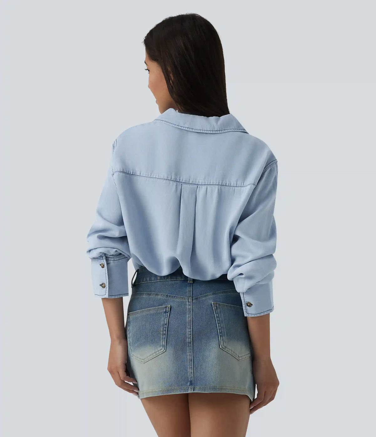 V Neck Long Sleeve Denim Casual Blouse