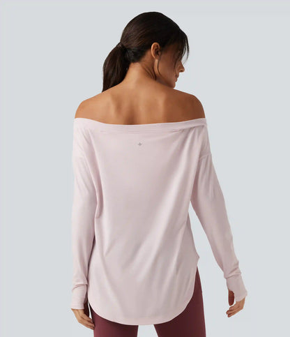 Off Shoulder Long Sleeve Build-in Bra Quick Dry Yoga Sports Tops