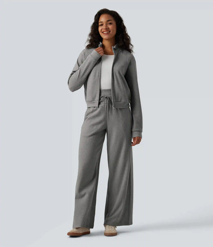 Ribbed Stand Collar Long Sleeve Zipper Casual Jacket with Pockets
