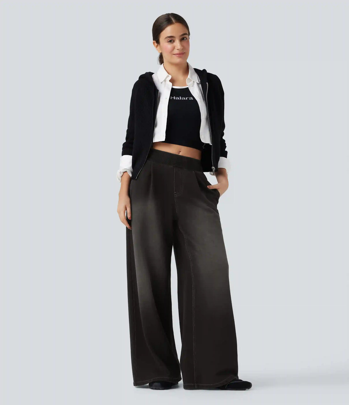 Halara Flex™ Mid Rise Wide Leg Flare French Terry Casual Sweatpants Jeans with Pockets